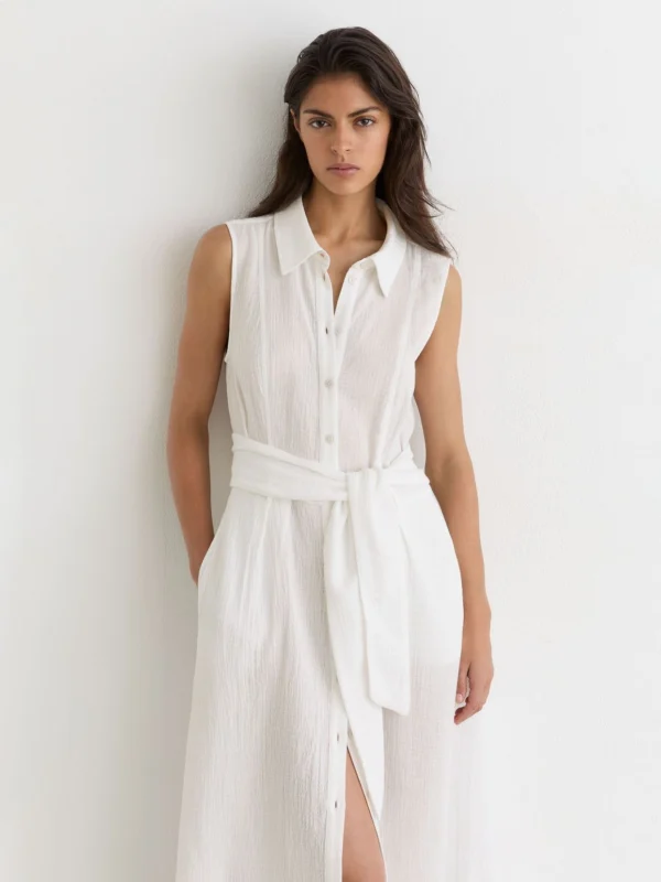 Reiss Cotton Cheesecloth Belted Shirt Dress