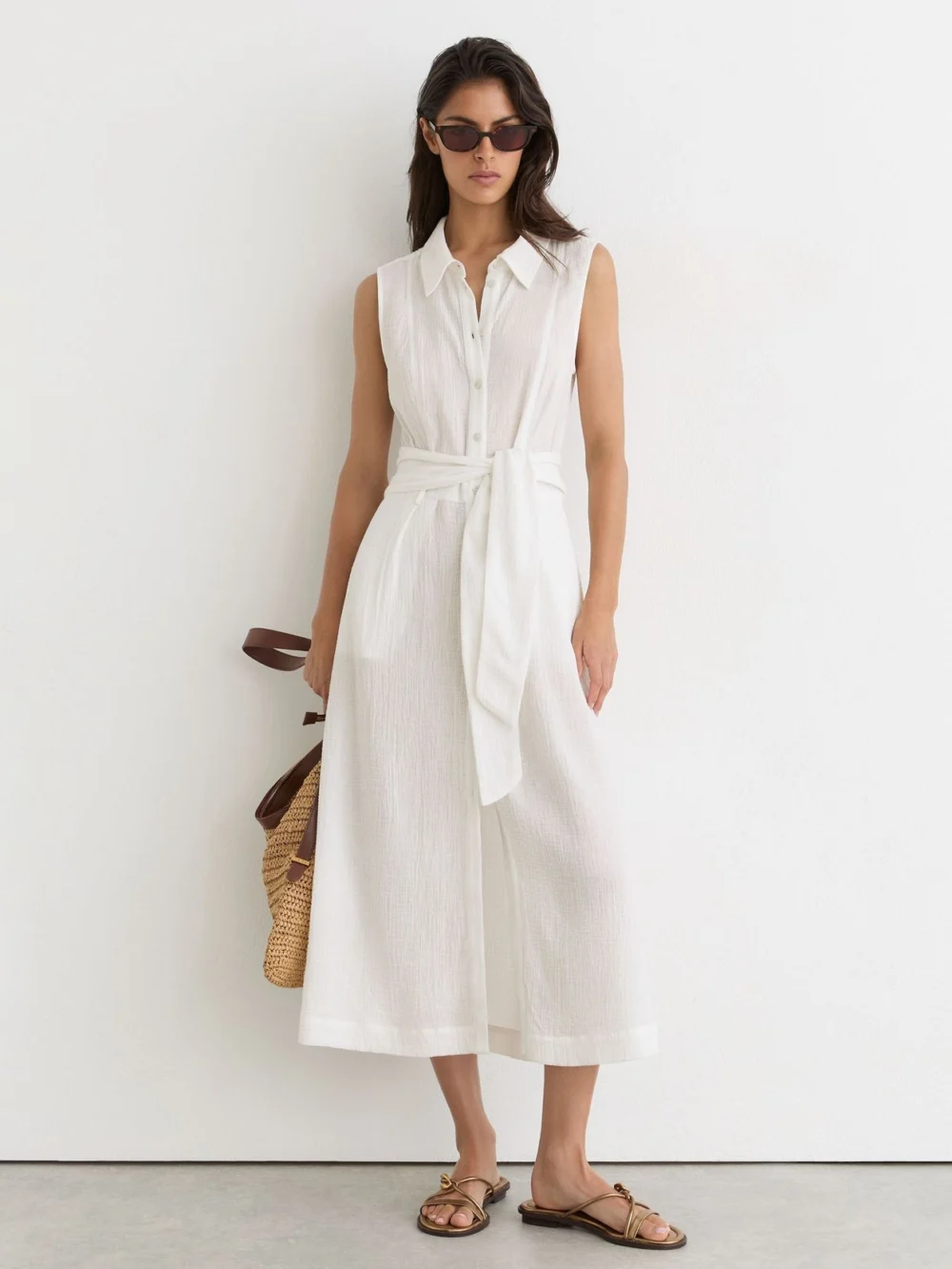 Reiss Cotton Cheesecloth Belted Shirt Dress, view 3