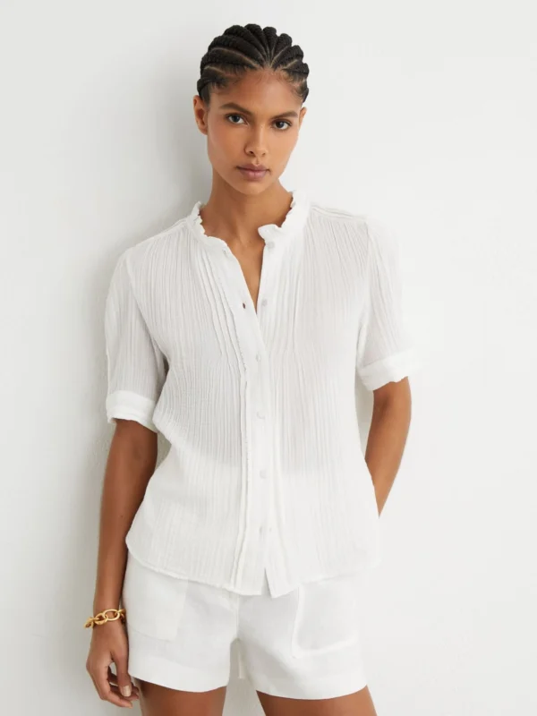 Reiss Cotton Cheesecloth Frill-neck Top