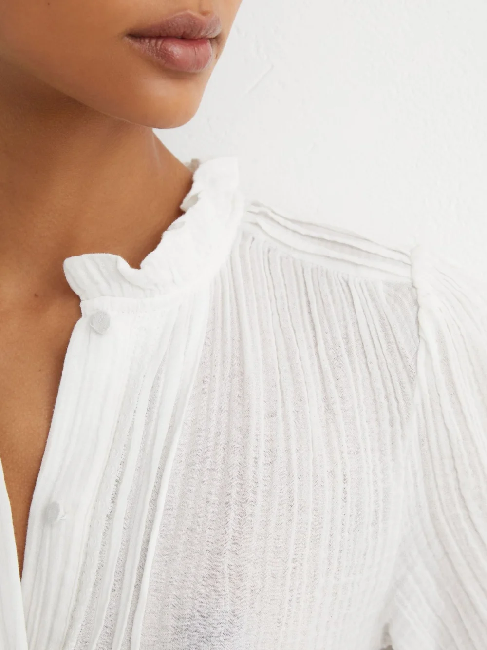 Reiss Cotton Cheesecloth Frill-neck Top, view 4