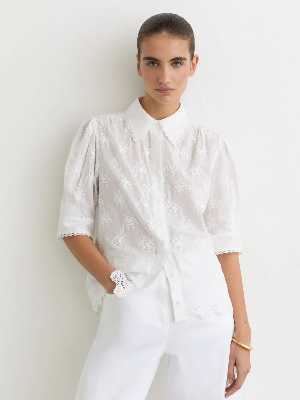 Reiss Cotton Floral-embroidered Shirt in ivory