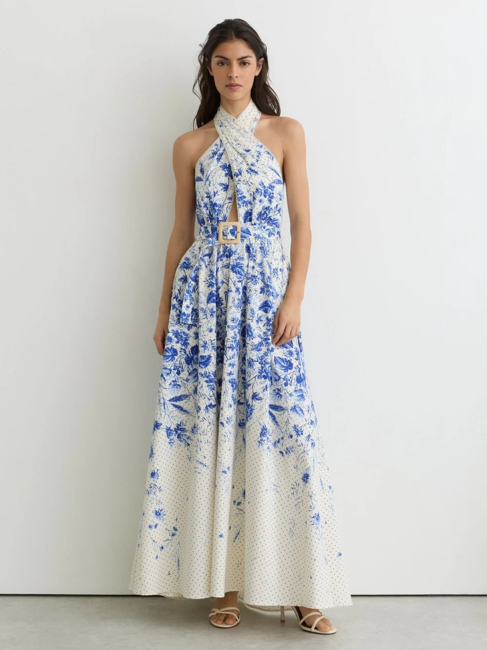 Reiss Cotton Floral-print Belted Maxi Dress with Stretch in ivory/blue
