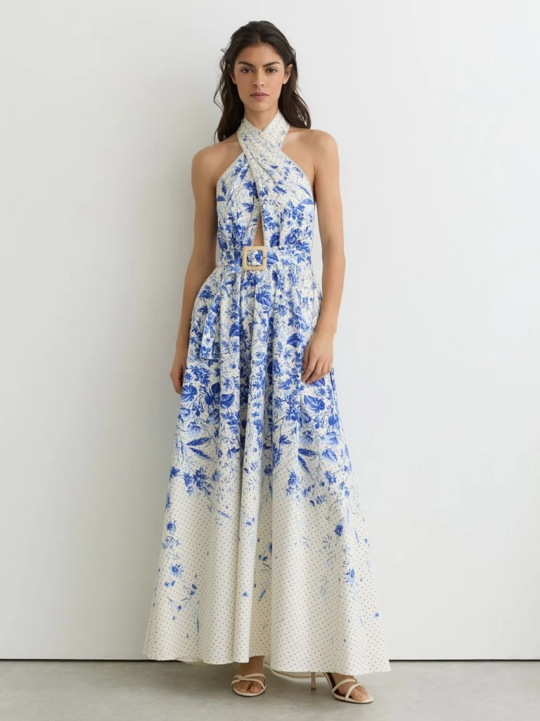 Reiss Cotton Floral-print Belted Maxi Dress with Stretch