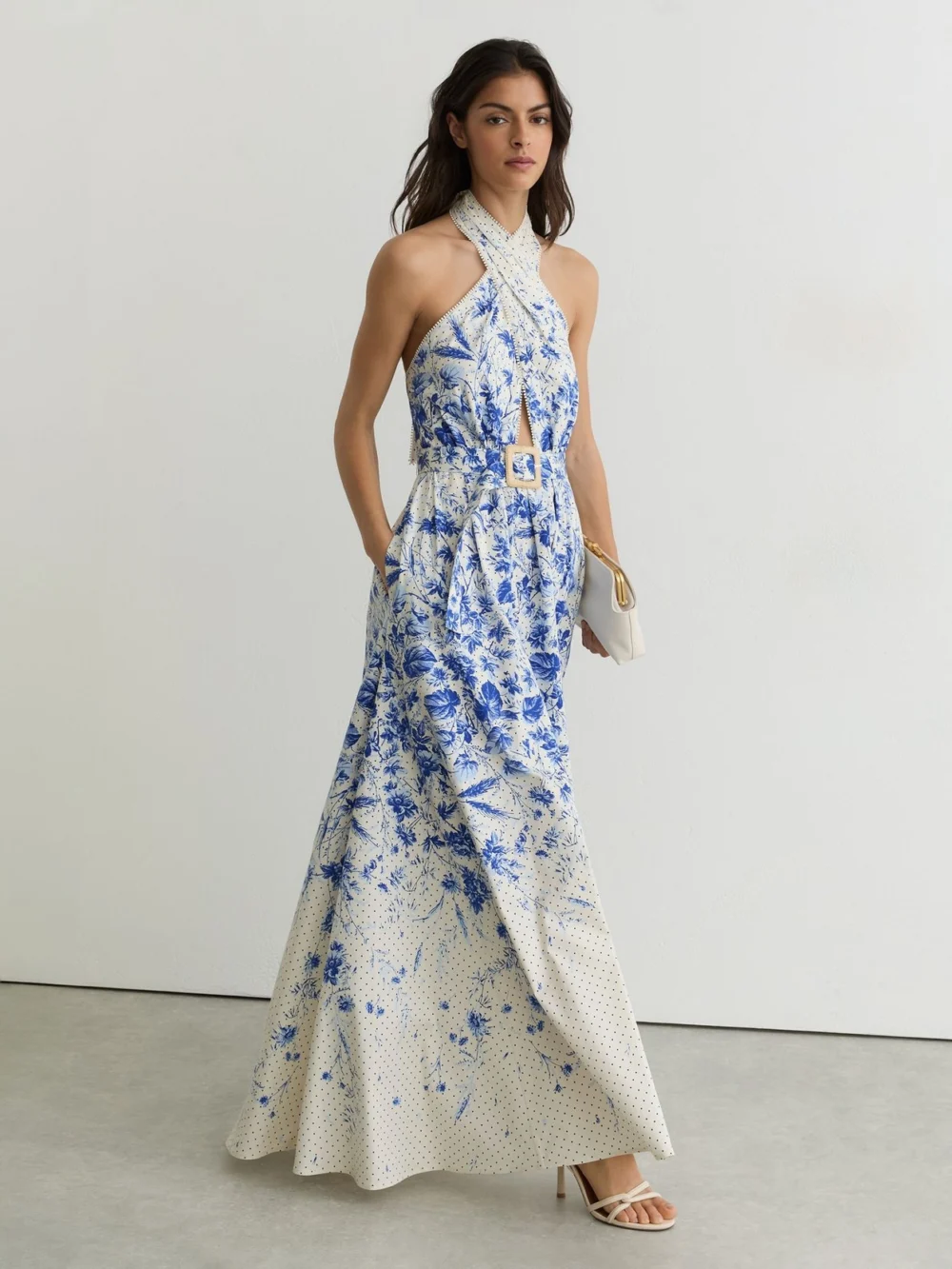Reiss Cotton Floral-print Belted Maxi Dress with Stretch, view 5
