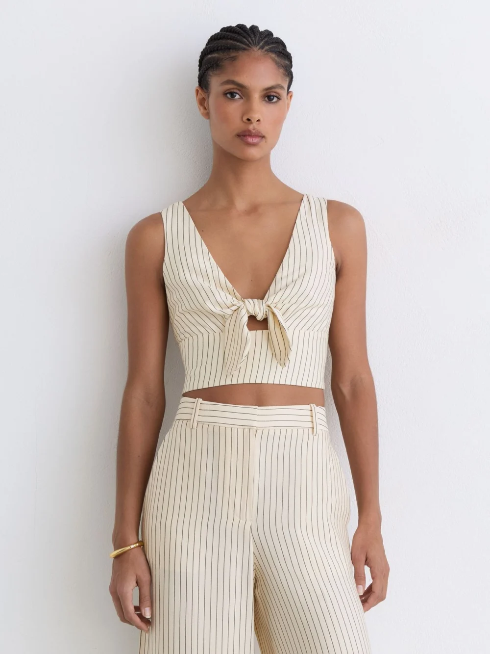 Reiss Cream & Black Pinstripe Tie-front Cropped Top in cream/black