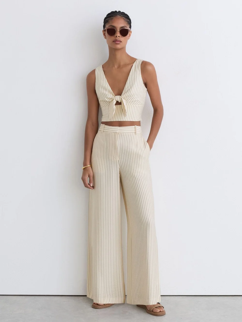 Reiss Cream & Black Pinstripe Tie-front Cropped Top, view 3
