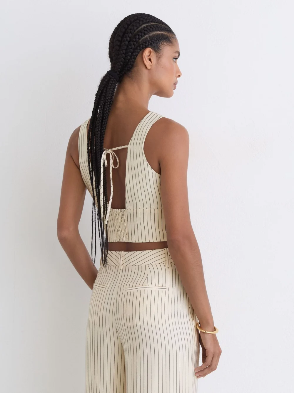 Reiss Cream & Black Pinstripe Tie-front Cropped Top, view 4