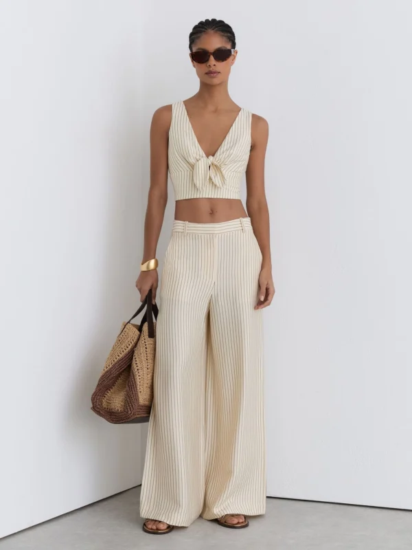 Reiss Cream & Black Pinstripe Wide-leg Trousers
