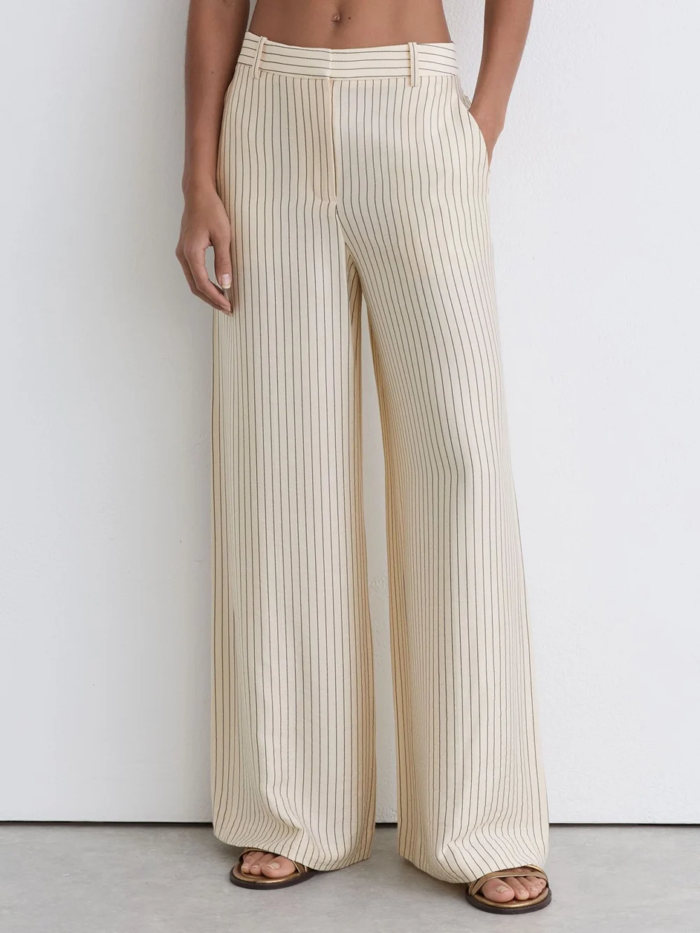 Reiss Cream & Black Pinstripe Wide-leg Trousers, view 3