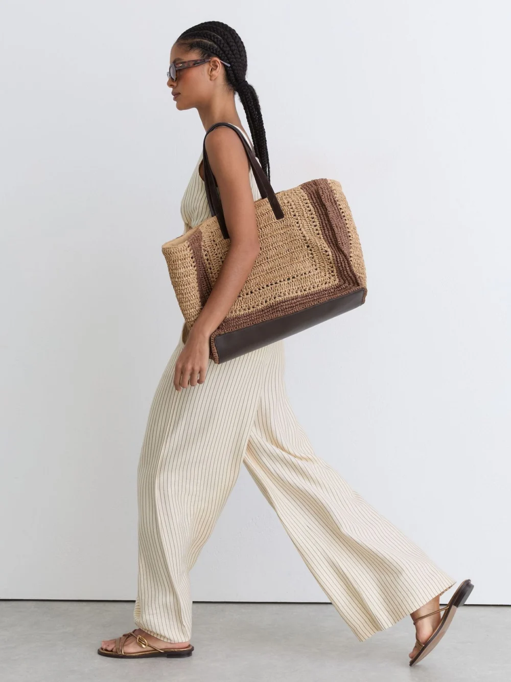 Reiss Cream & Black Pinstripe Wide-leg Trousers, view 4