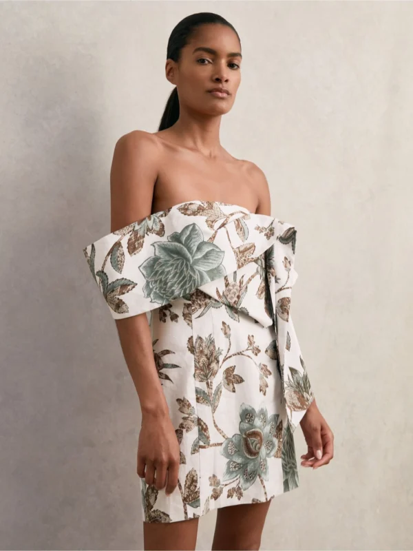 Reiss Cream & Brown Linen Floral Print Sculpted Off-Shoulder Mini Dress