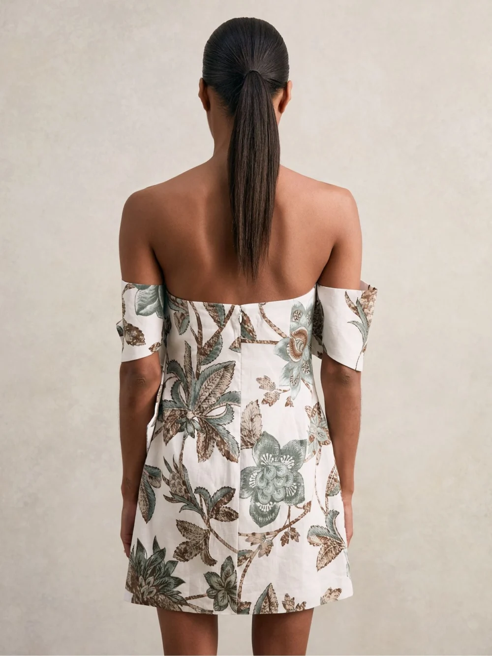 Reiss Cream & Brown Linen Floral Print Sculpted Off-Shoulder Mini Dress, view 4