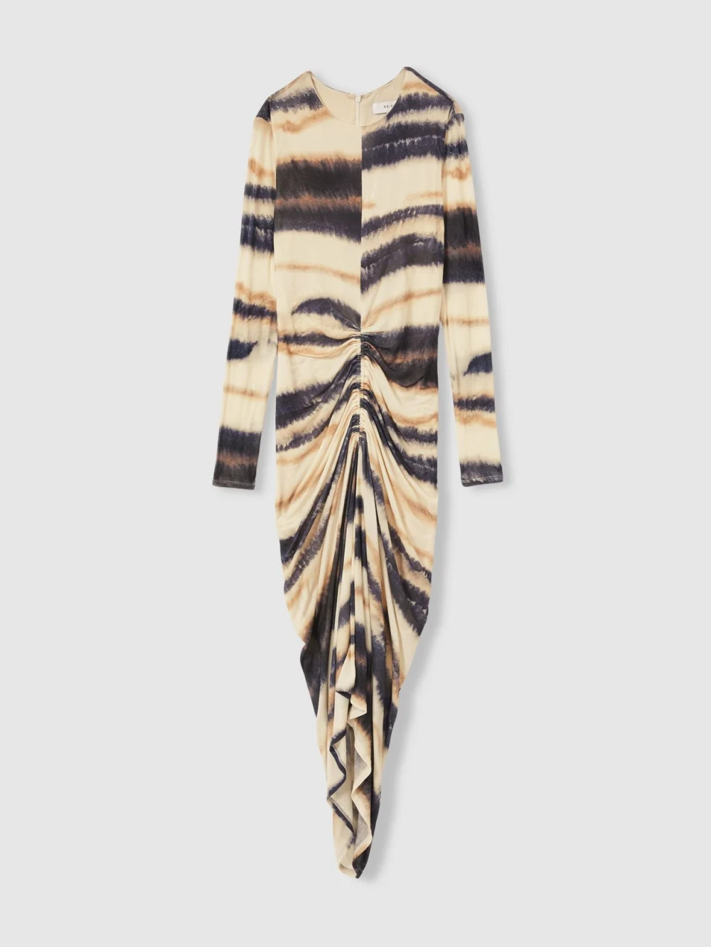 Reiss Cream & Navy Blue Abstract Print Jersey Ruched Dress, view 3