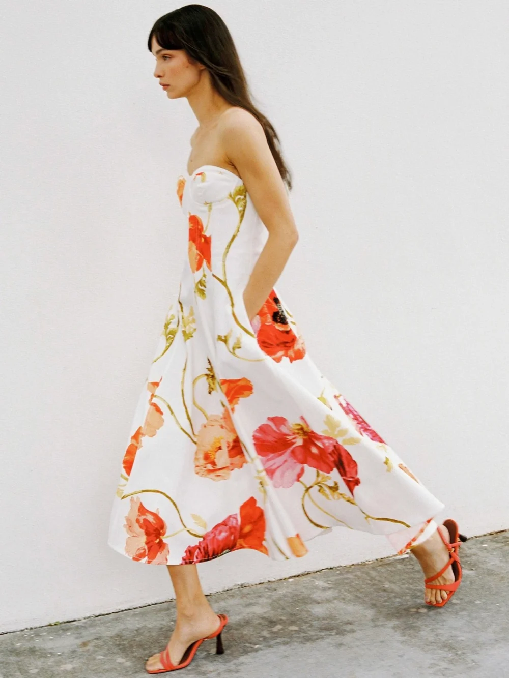 Reiss Cream & Red Cotton Floral Bustier Midi Dress with Stretch in cream/red
