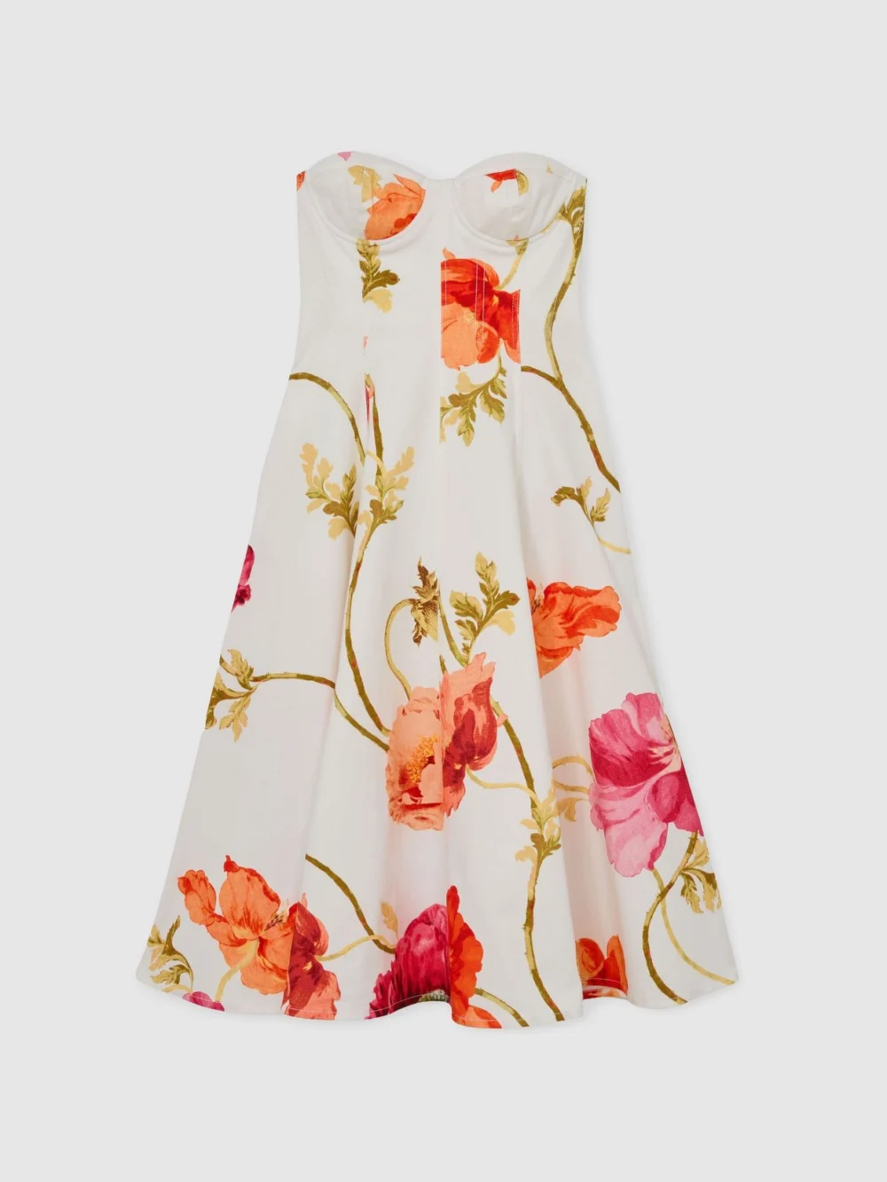 Reiss Cream & Red Cotton Floral Bustier Midi Dress with Stretch, view 2