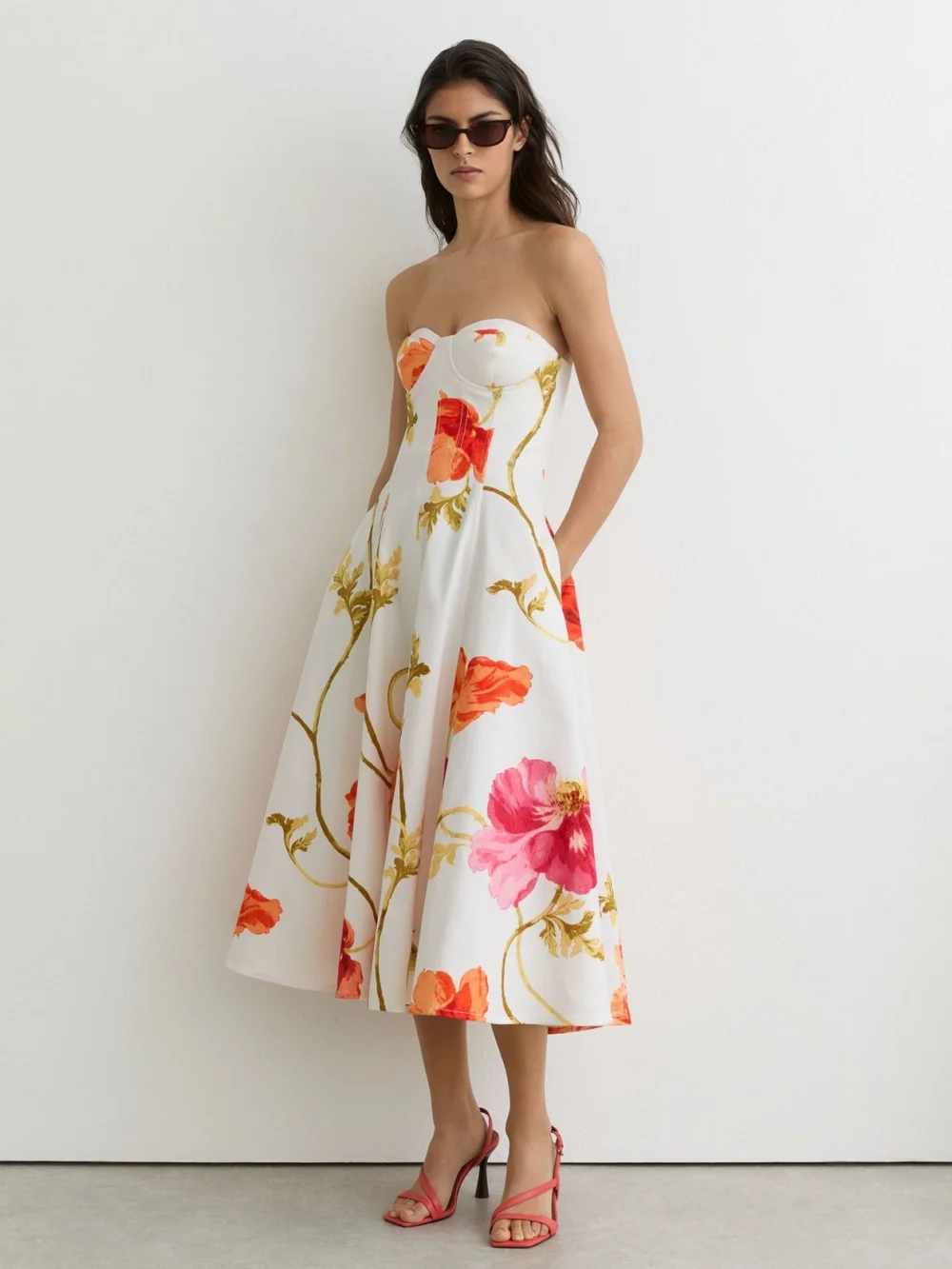 Reiss Cream & Red Cotton Floral Bustier Midi Dress with Stretch, view 3