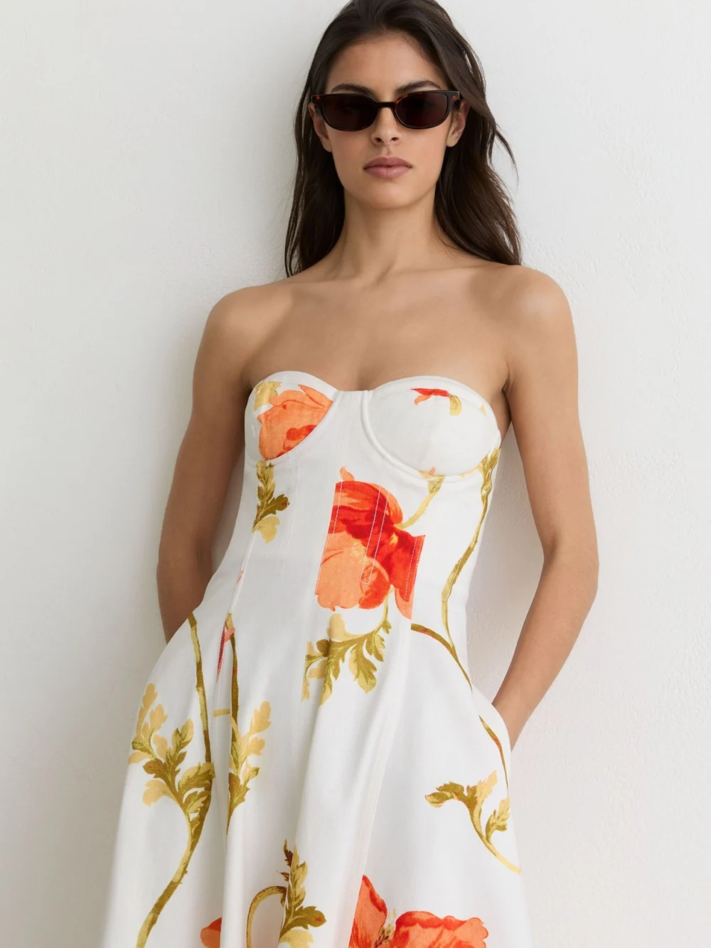 Reiss Cream & Red Cotton Floral Bustier Midi Dress with Stretch, view 4