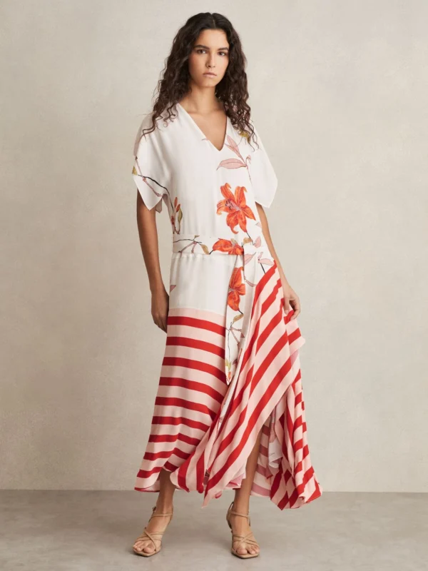 Reiss Cream & Red Floral Print Maxi Dress