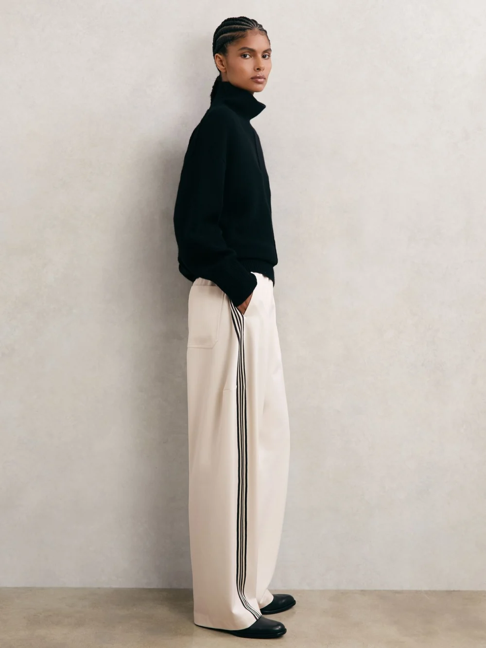 Reiss Cream Barrel-leg Side-stripe Trousers