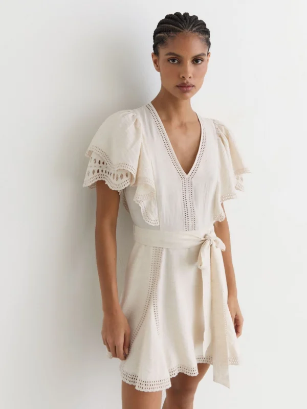 Reiss Cream Broderie Anglaise Belted Flippy Dress