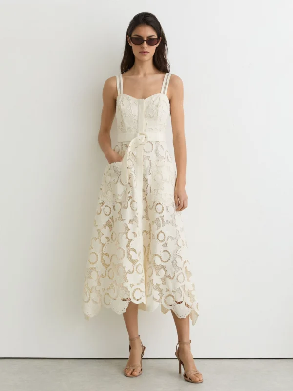 Reiss Cream Cotton-blend Lace Button-front Midi Dress