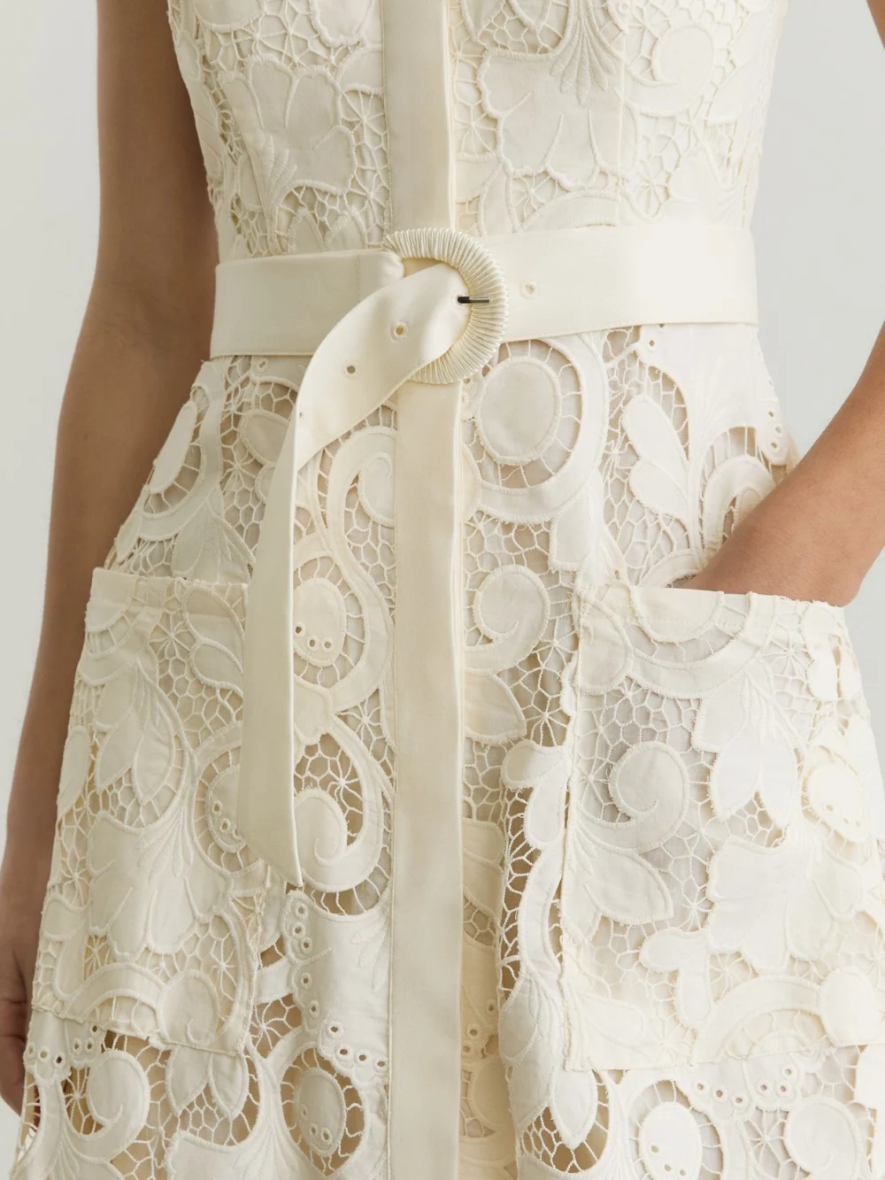 Reiss Cream Cotton-blend Lace Button-front Midi Dress, view 4