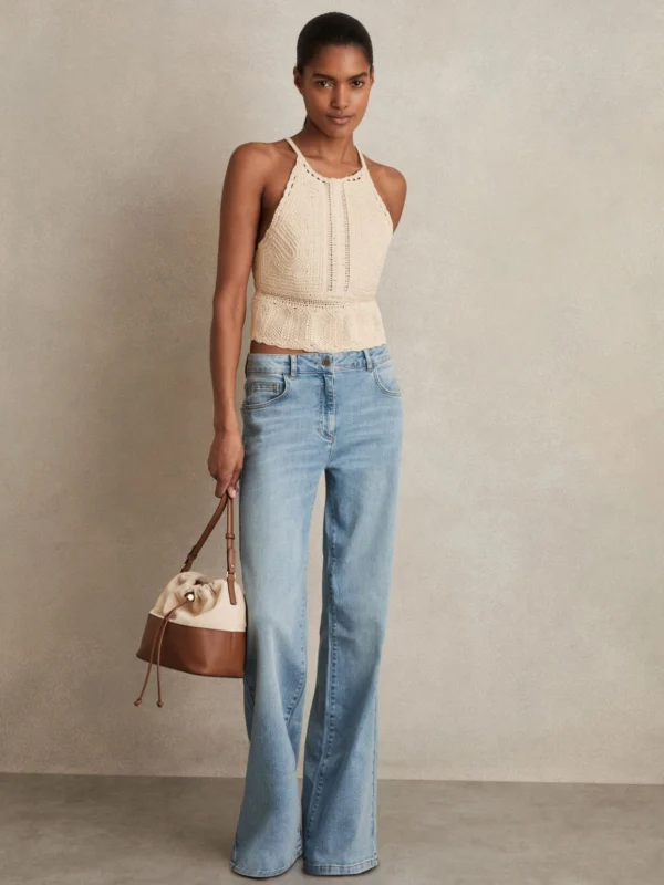 Reiss Cream Cotton Crochet Tie-back Cropped Top