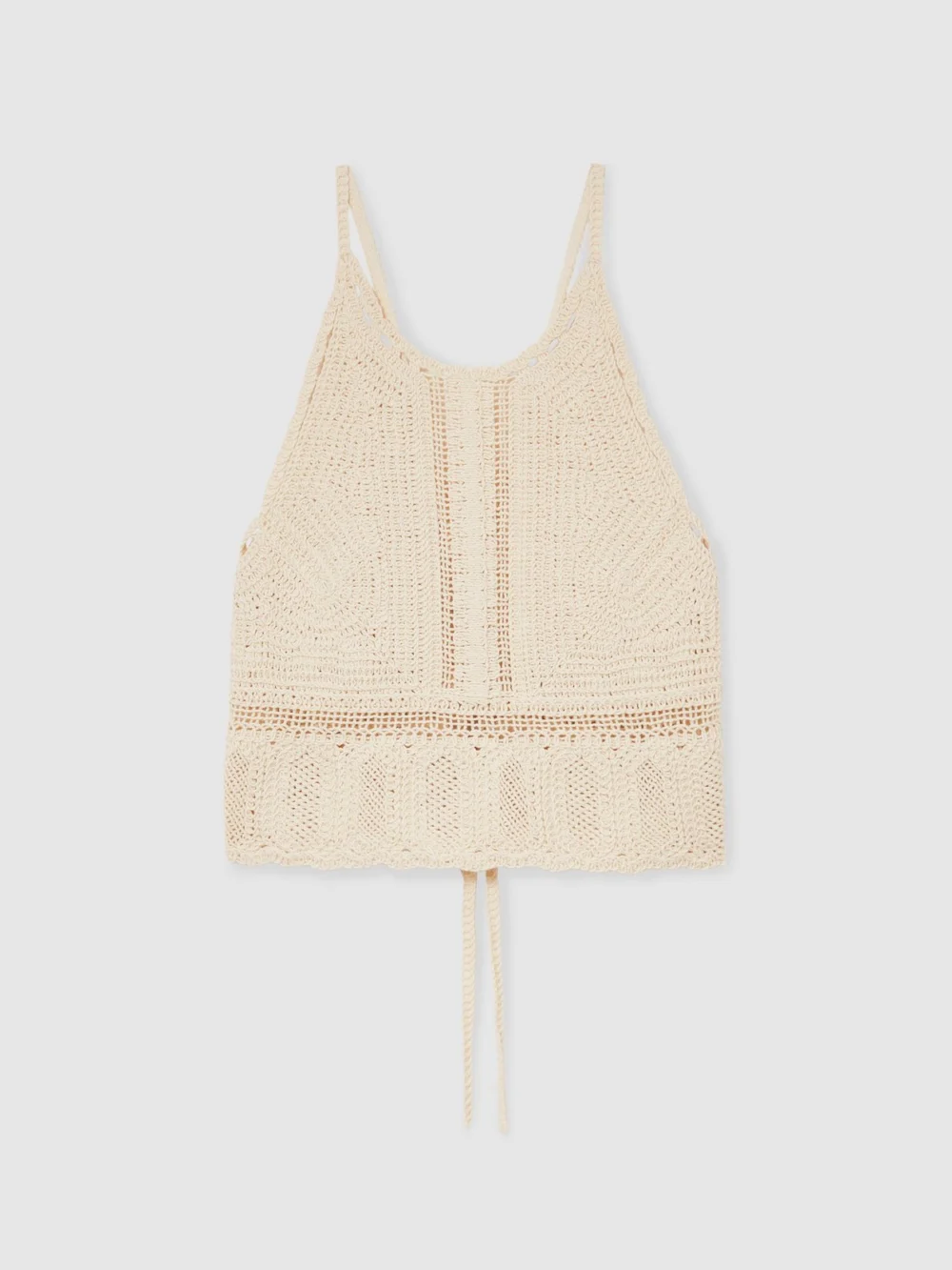Reiss Cream Cotton Crochet Tie-back Cropped Top, view 2