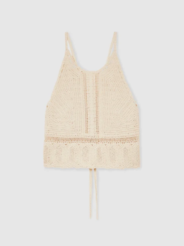 Reiss Cream Cotton Crochet Tie-back Cropped Top
