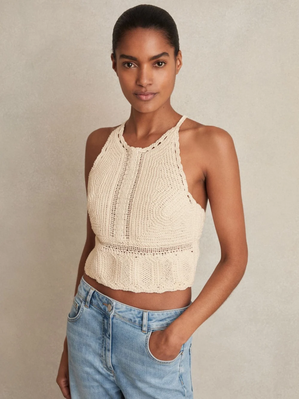 Reiss Cream Cotton Crochet Tie-back Cropped Top, view 3