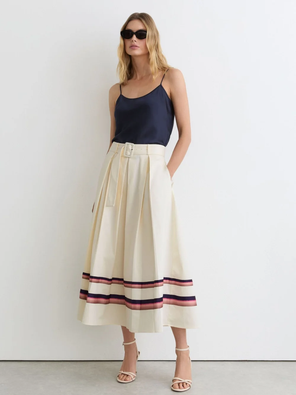 Reiss Cream Cotton Stripe-detail Belted Midi Skirt
