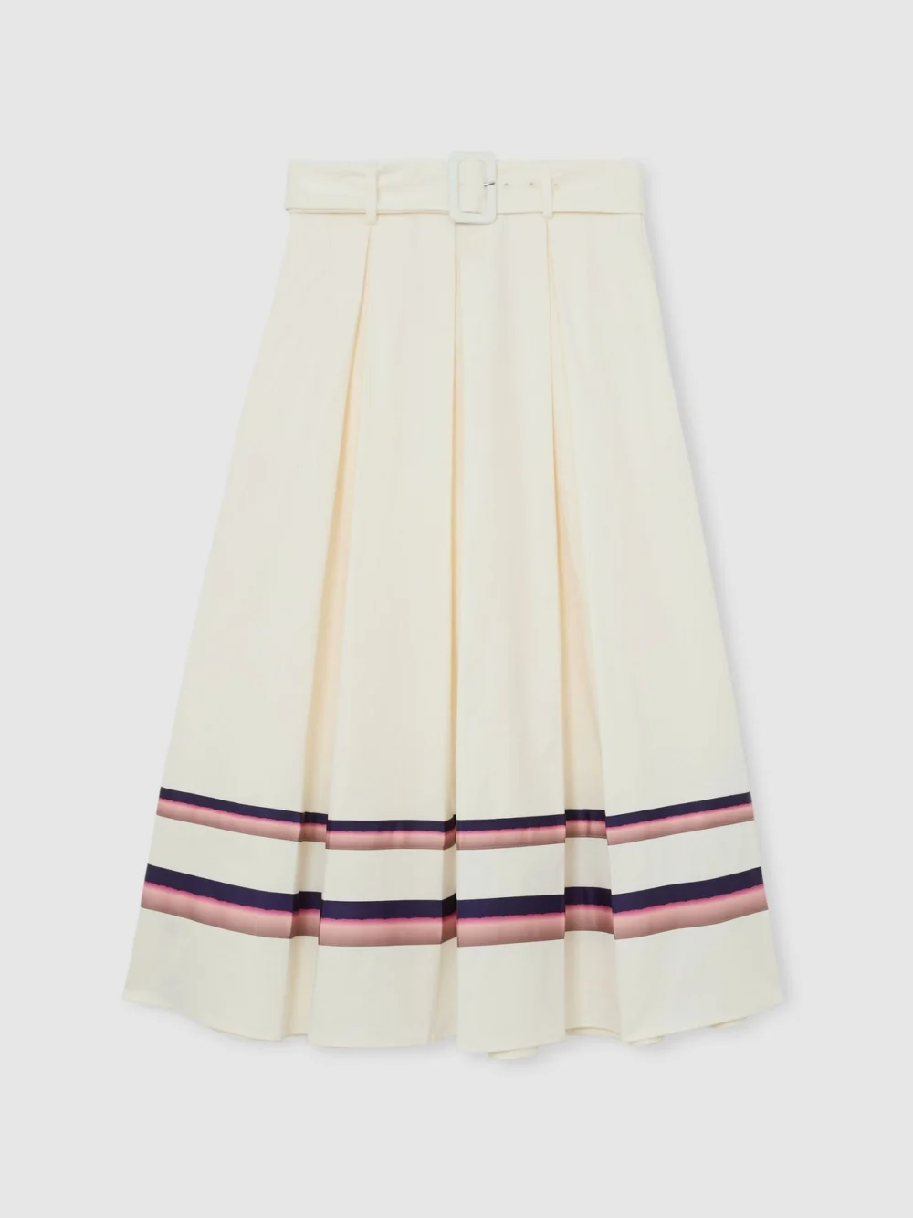 Reiss Cream Cotton Stripe-detail Belted Midi Skirt, view 2