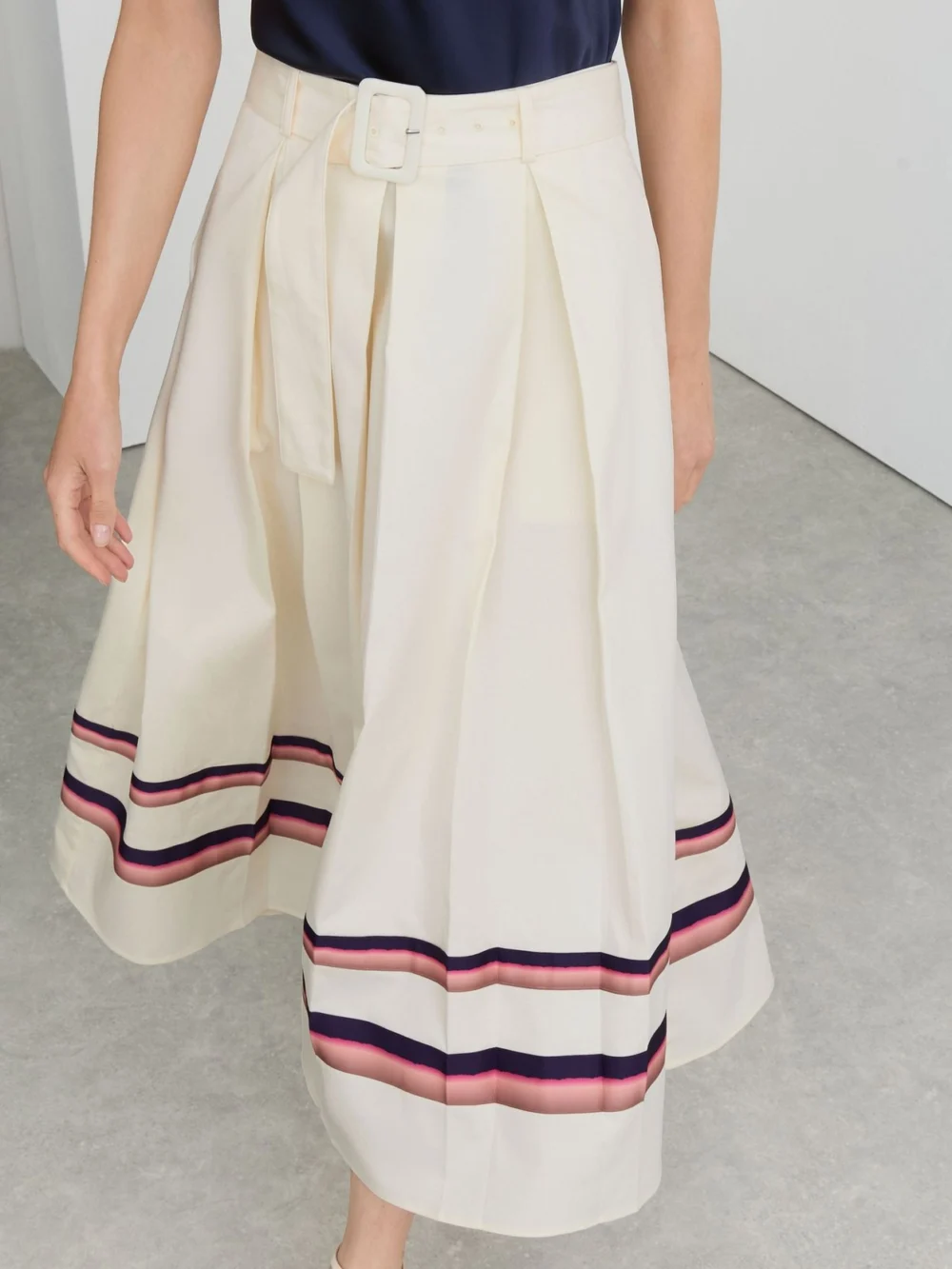 Reiss Cream Cotton Stripe-detail Belted Midi Skirt, view 3