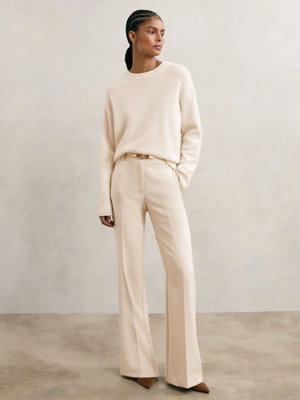 Reiss Cream Flared Knot-hardware Belted Trousers