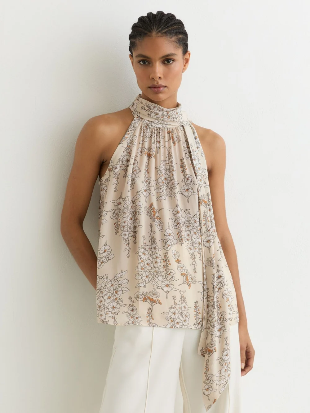 Reiss Cream Floral-print Scarf-neck Top