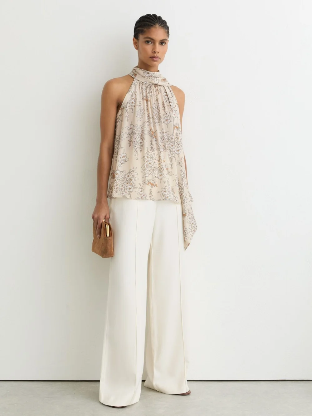 Reiss Cream Floral-print Scarf-neck Top, view 3