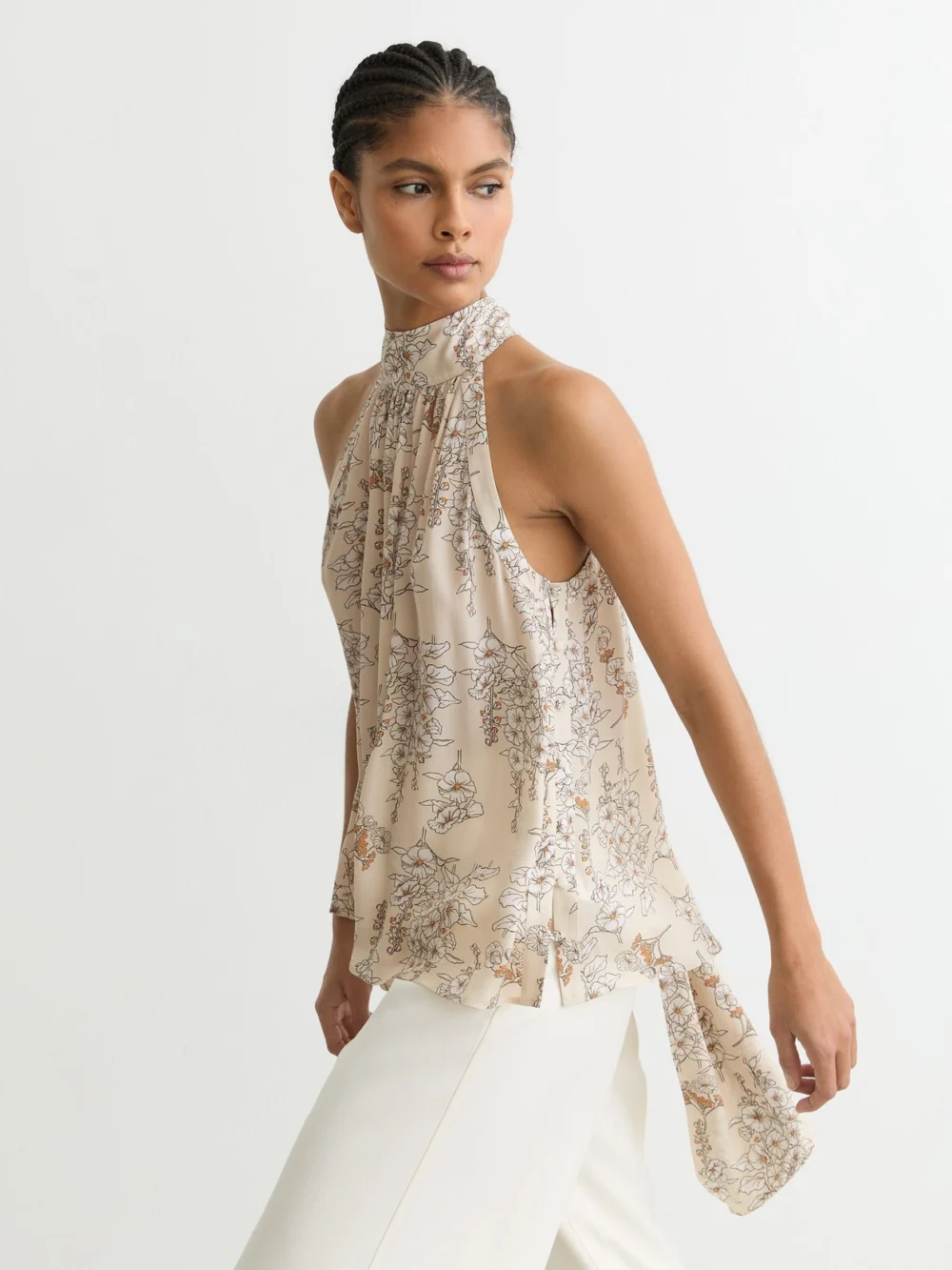 Reiss Cream Floral-print Scarf-neck Top, view 4