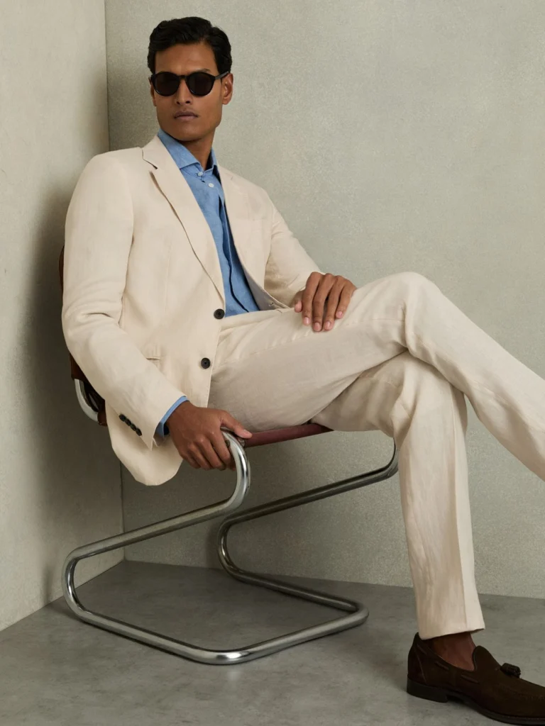 Reiss Cream Linen Single Breasted Suit Blazer