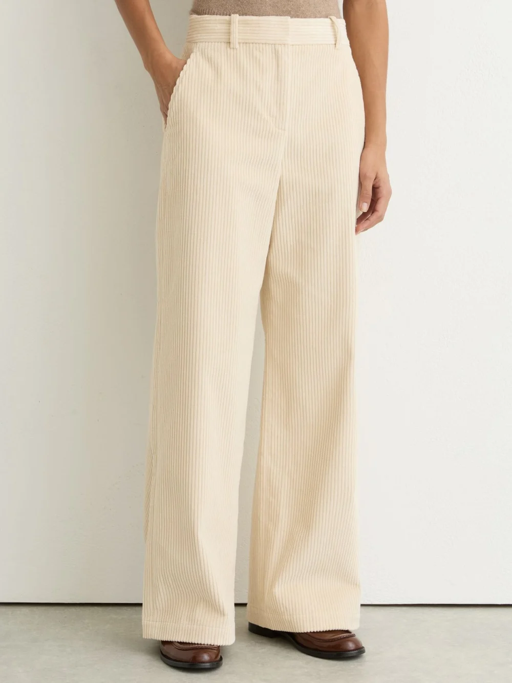 Reiss Cream Petite Cotton Corduroy Wide-leg Trousers