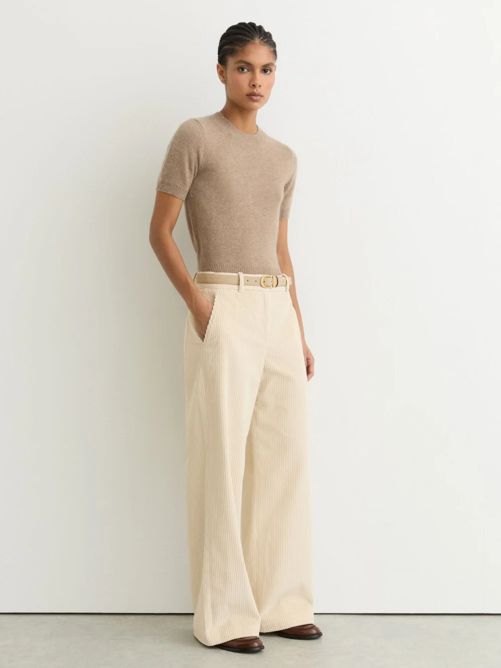 Reiss Cream Petite Cotton Corduroy Wide-leg Trousers, view 5
