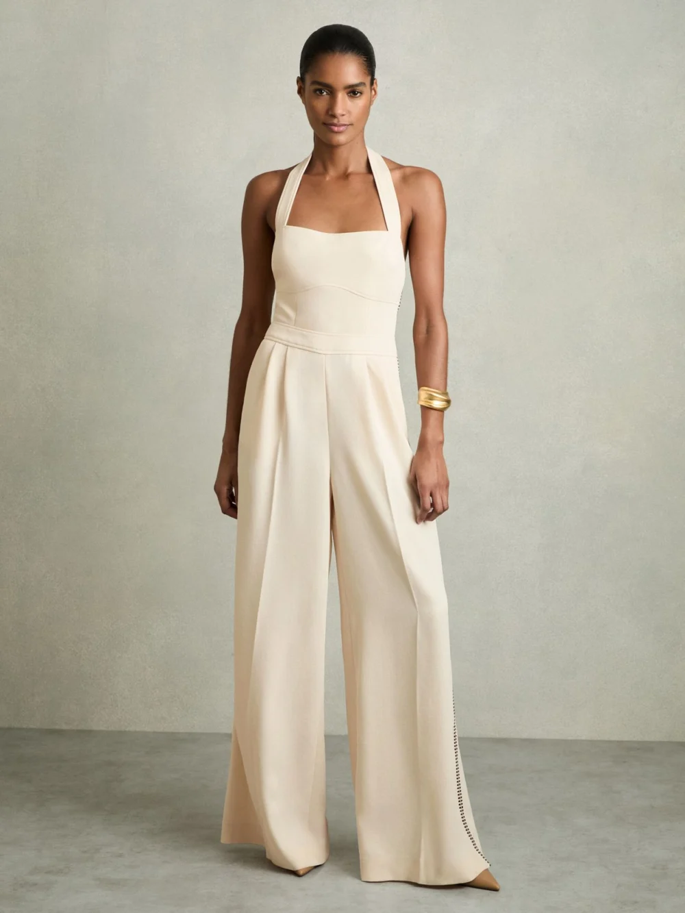 Reiss Cream Petite Embroidery Halterneck Wide-leg Jumpsuit, view 2