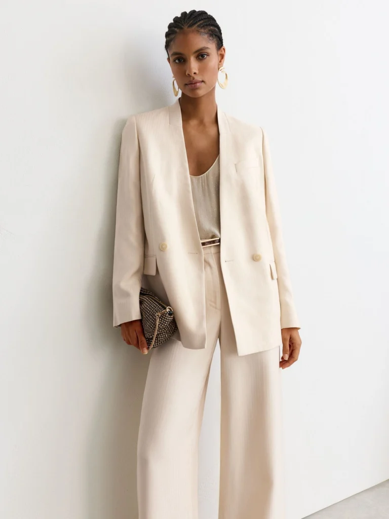 Reiss Cream Petite Jacquard-stripe Collarless Double-breasted Blazer