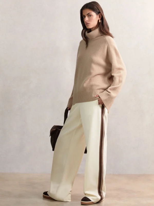 Reiss Cream Side-stripe Wide-leg Trousers