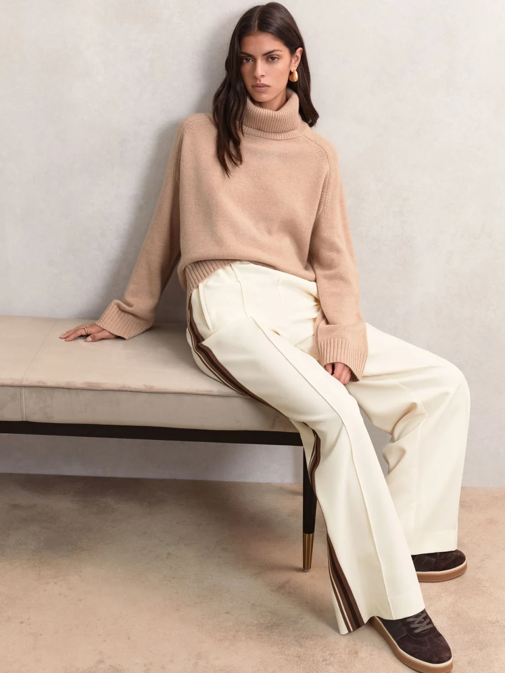 Reiss Cream Side-stripe Wide-leg Trousers, view 5