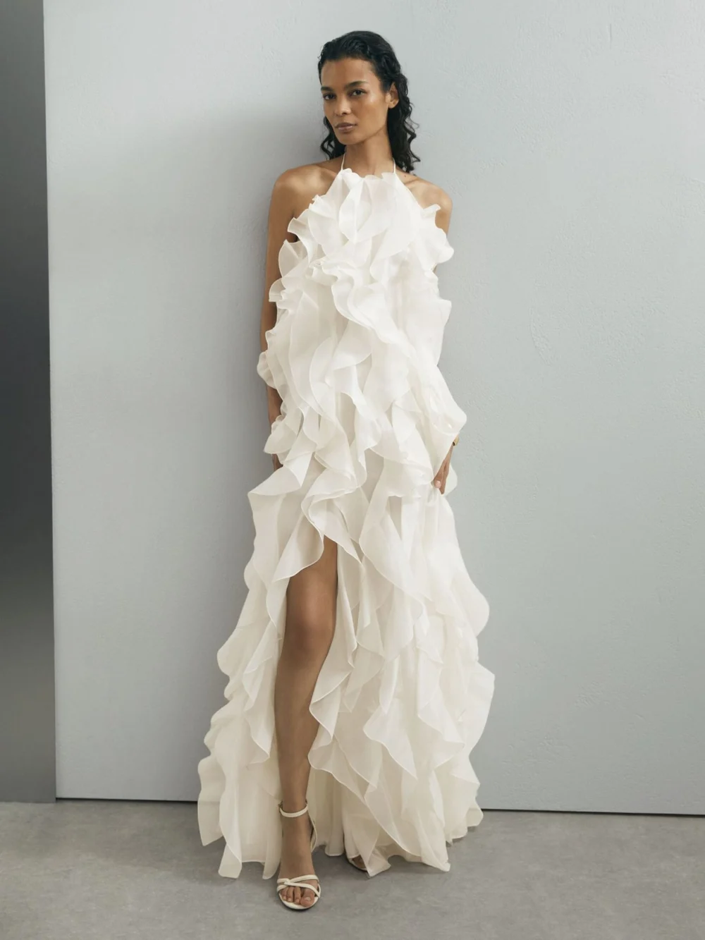 Reiss Cream Silk Ruffled Maxi Dress