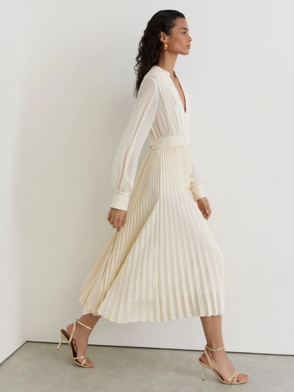 Reiss Cream Stud-detail Pleated Midi Dress