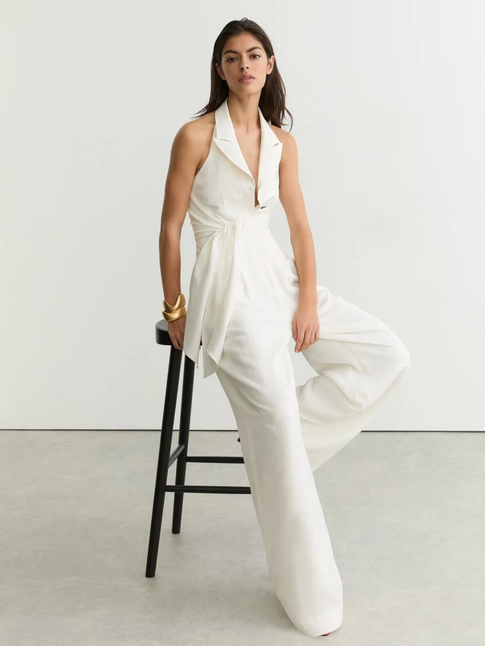 Reiss Cream Tie-front Wide-leg Jumpsuit with Linen in ivory cream