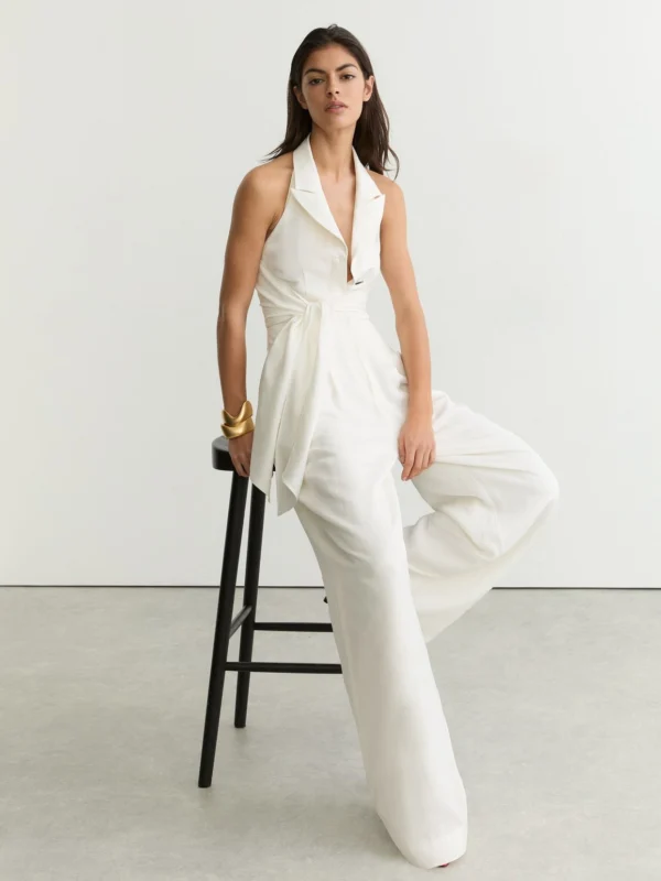 Reiss Cream Tie-front Wide-leg Jumpsuit with Linen