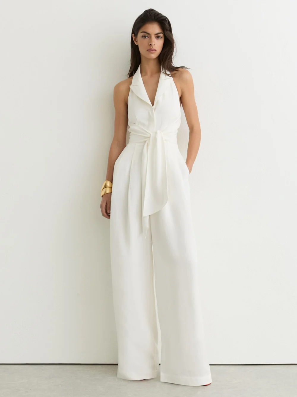 Reiss Cream Tie-front Wide-leg Jumpsuit with Linen, view 3