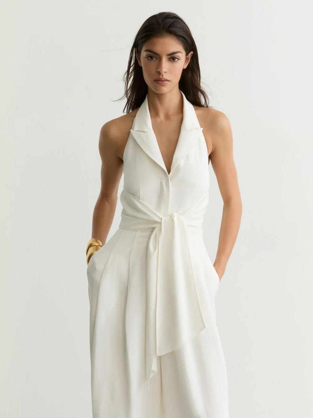 Reiss Cream Tie-front Wide-leg Jumpsuit with Linen, view 4